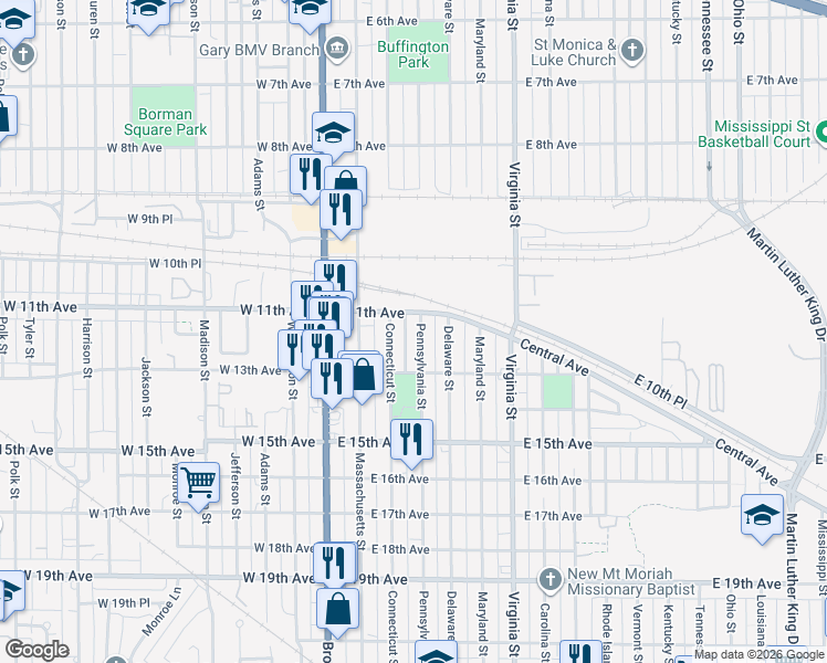map of restaurants, bars, coffee shops, grocery stores, and more near 1155 Pennsylvania Street in Gary