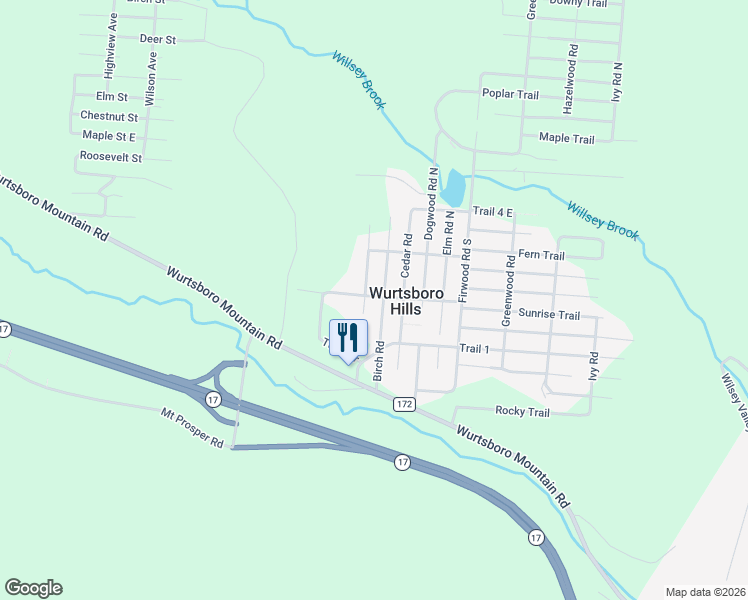 map of restaurants, bars, coffee shops, grocery stores, and more near 32 Birch Road in Wurtsboro