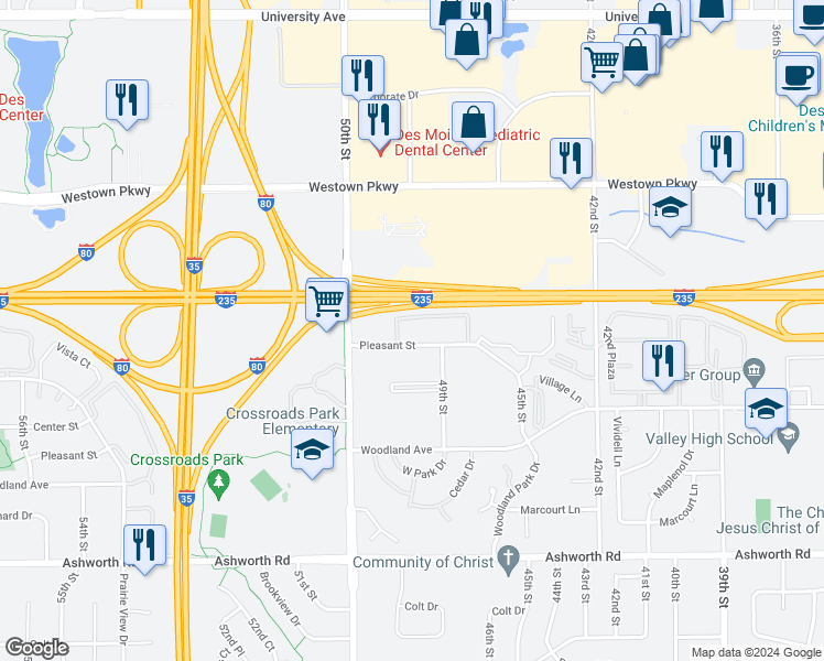 map of restaurants, bars, coffee shops, grocery stores, and more near 4929 Pleasant Street in West Des Moines
