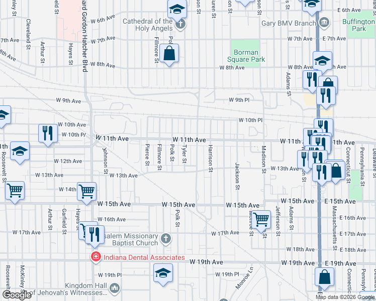 map of restaurants, bars, coffee shops, grocery stores, and more near 916 West 11th Avenue in Gary