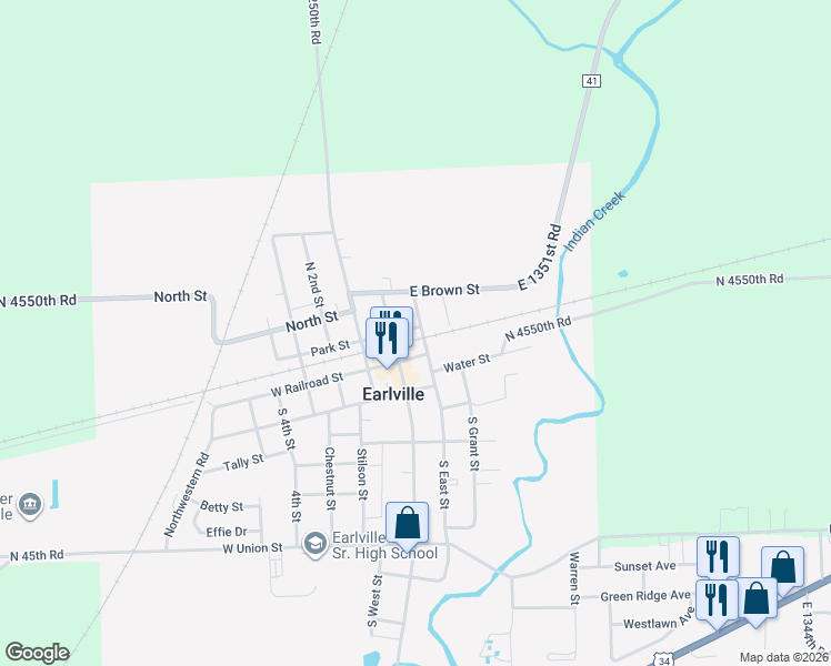 map of restaurants, bars, coffee shops, grocery stores, and more near 210 North East Street in Earlville
