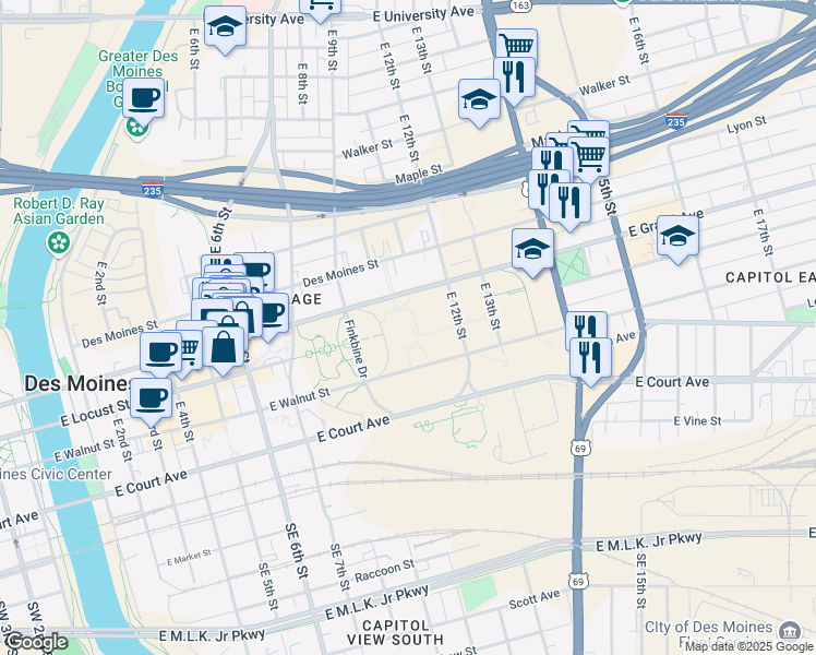 map of restaurants, bars, coffee shops, grocery stores, and more near 1007 East Grand Avenue in Des Moines