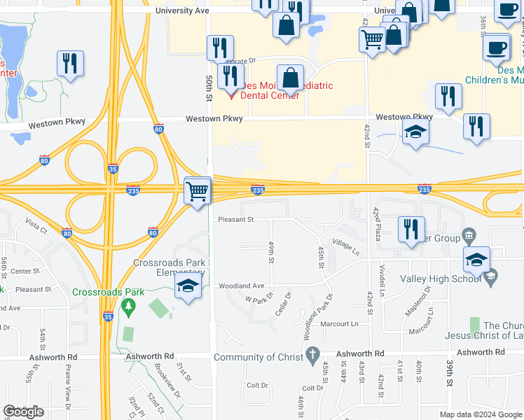 map of restaurants, bars, coffee shops, grocery stores, and more near 4915 Pleasant Street in West Des Moines