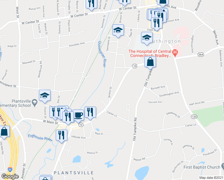 map of restaurants, bars, coffee shops, grocery stores, and more near 315 Bristol Street in Southington