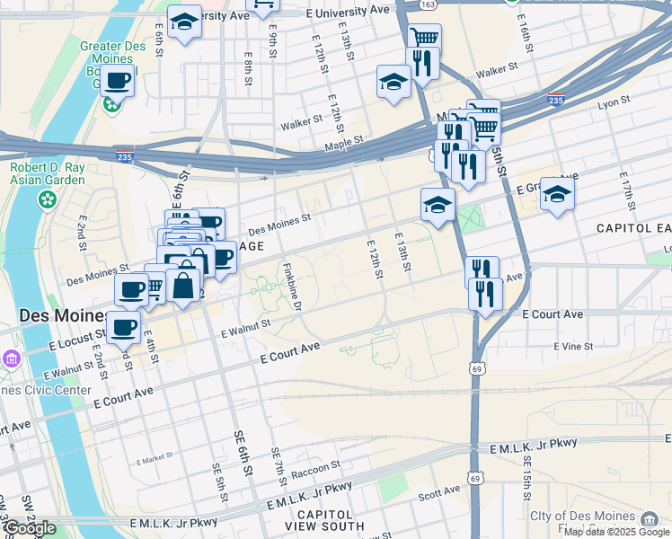 map of restaurants, bars, coffee shops, grocery stores, and more near 1007 East Grand Avenue in Des Moines