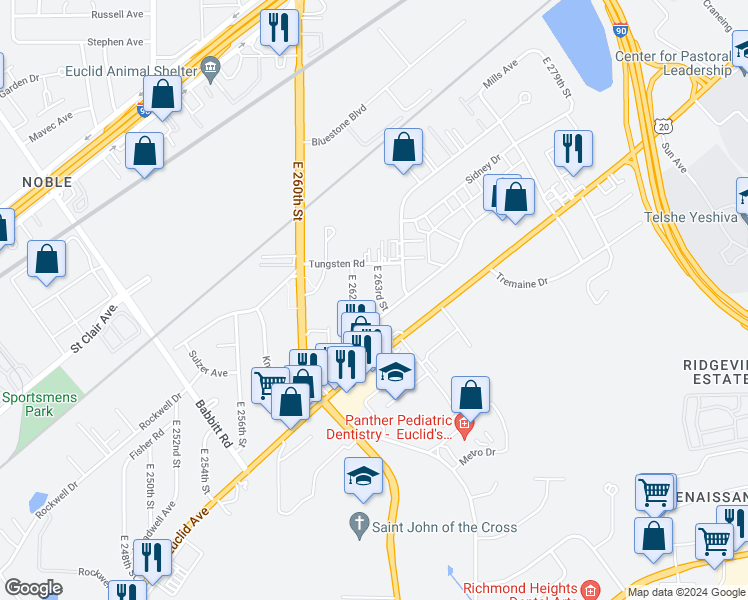 map of restaurants, bars, coffee shops, grocery stores, and more near 1440 East 263rd Street in Euclid