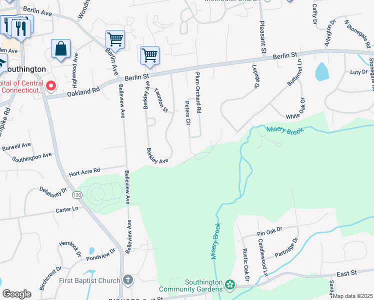 map of restaurants, bars, coffee shops, grocery stores, and more near 116 Peters Circle in Southington