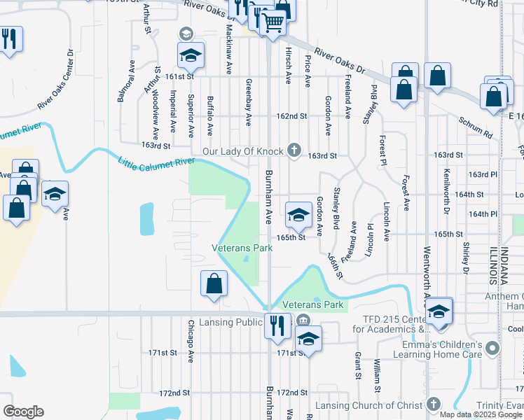 map of restaurants, bars, coffee shops, grocery stores, and more near 1466 Burnham Avenue in Calumet City