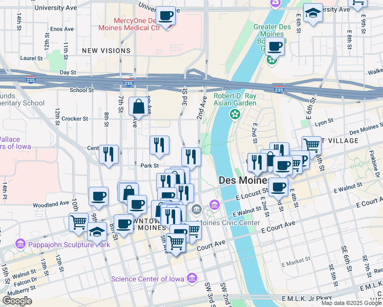 map of restaurants, bars, coffee shops, grocery stores, and more near 730 3rd Street in Des Moines