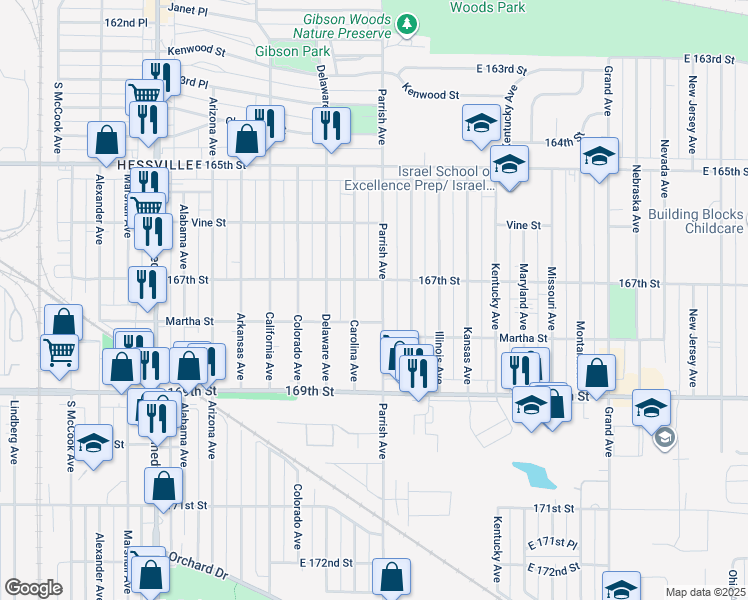 map of restaurants, bars, coffee shops, grocery stores, and more near 6720 Parrish Avenue in Hammond