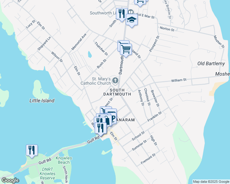 map of restaurants, bars, coffee shops, grocery stores, and more near 62 Middle Street in Dartmouth