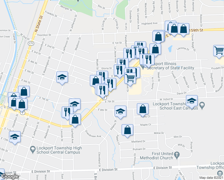 map of restaurants, bars, coffee shops, grocery stores, and more near 921 Illinois 7 in Lockport
