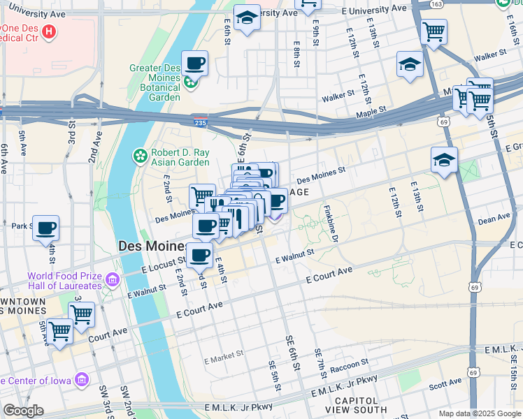 map of restaurants, bars, coffee shops, grocery stores, and more near 604 East Grand Avenue in Des Moines