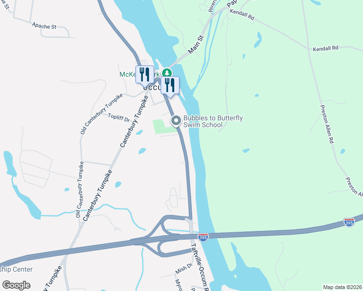 map of restaurants, bars, coffee shops, grocery stores, and more near 70 Taftville-Occum Road in Norwich