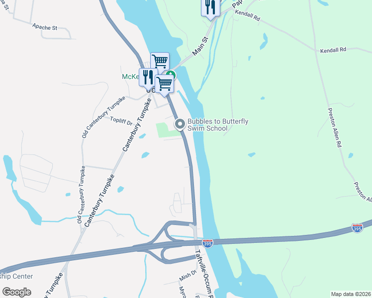 map of restaurants, bars, coffee shops, grocery stores, and more near 70 Taftville-Occum Road in Norwich