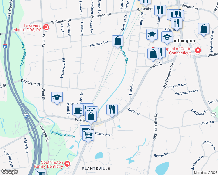 map of restaurants, bars, coffee shops, grocery stores, and more near 45 Summer Street in Southington