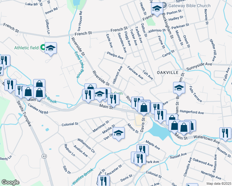 map of restaurants, bars, coffee shops, grocery stores, and more near 14 Arcadia Avenue in Watertown