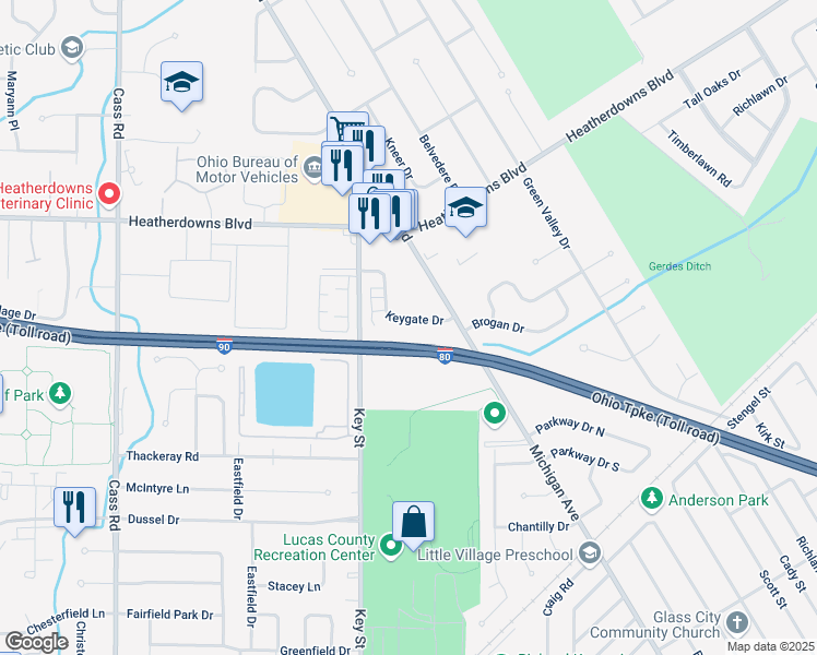 map of restaurants, bars, coffee shops, grocery stores, and more near 2616 Eastgate Road in Toledo