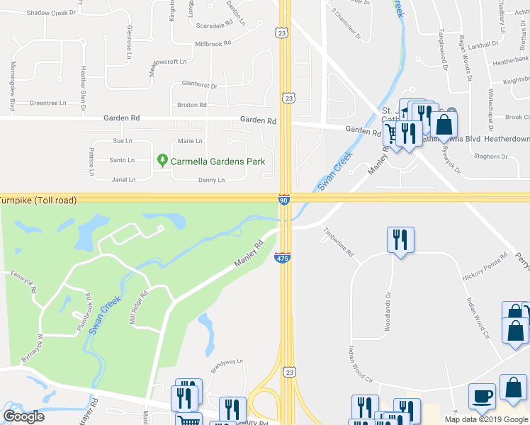 map of restaurants, bars, coffee shops, grocery stores, and more near Ohio Turnpike in Maumee