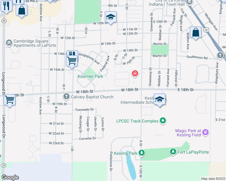 map of restaurants, bars, coffee shops, grocery stores, and more near 115 Regency Parkway in La Porte