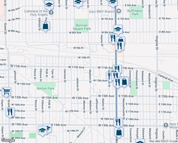 map of restaurants, bars, coffee shops, grocery stores, and more near 1051 Madison Street in Gary