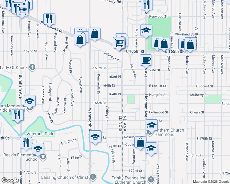 map of restaurants, bars, coffee shops, grocery stores, and more near 25 164th Street in Calumet City