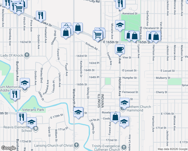 map of restaurants, bars, coffee shops, grocery stores, and more near 25 164th Street in Calumet City