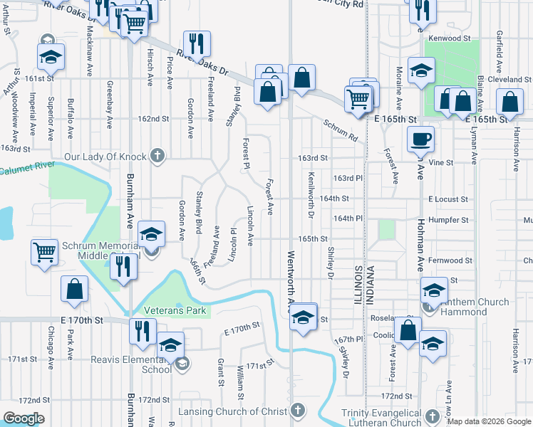 map of restaurants, bars, coffee shops, grocery stores, and more near 1449 Forest Avenue in Calumet City