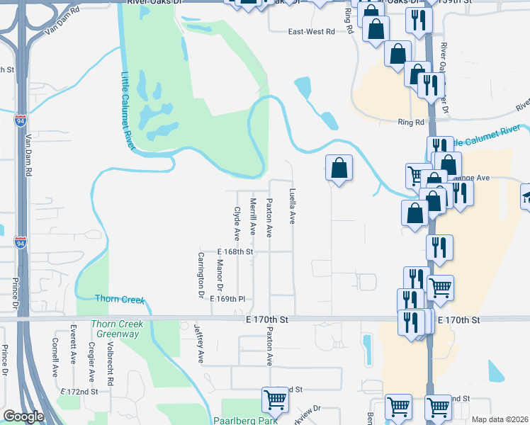 map of restaurants, bars, coffee shops, grocery stores, and more near 16639 Paxton Avenue in South Holland