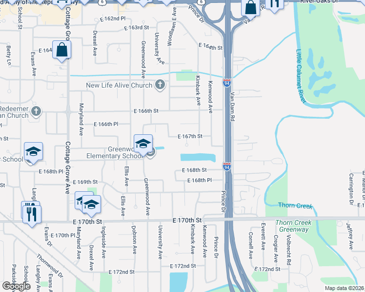 map of restaurants, bars, coffee shops, grocery stores, and more near 1200 East 167th Street in South Holland