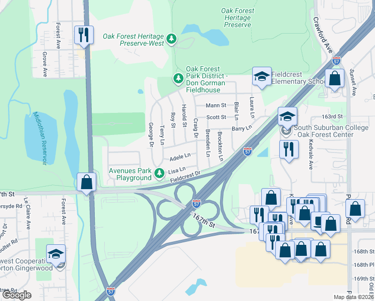 map of restaurants, bars, coffee shops, grocery stores, and more near 4404 Richard Avenue in Oak Forest