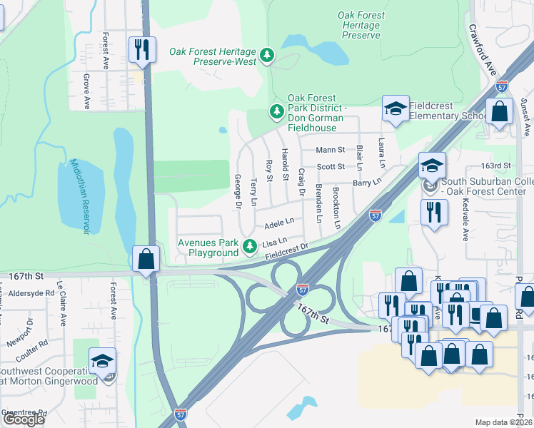 map of restaurants, bars, coffee shops, grocery stores, and more near 16468 Roy Street in Oak Forest
