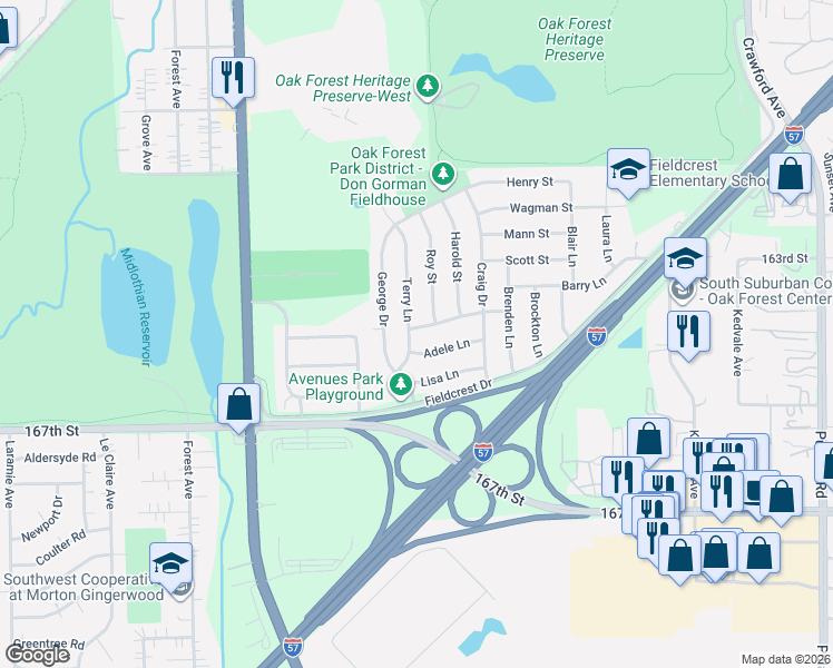 map of restaurants, bars, coffee shops, grocery stores, and more near 16468 Roy Street in Oak Forest