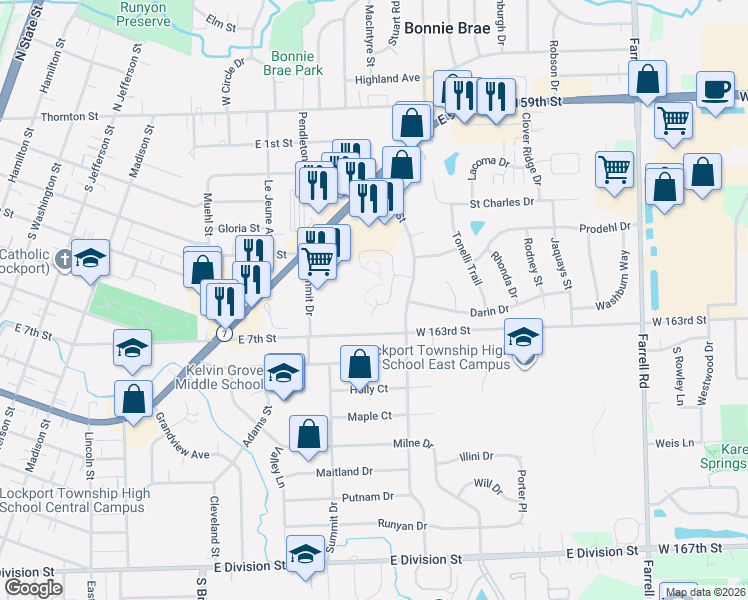 map of restaurants, bars, coffee shops, grocery stores, and more near 1044 Ashley Court North in Lockport