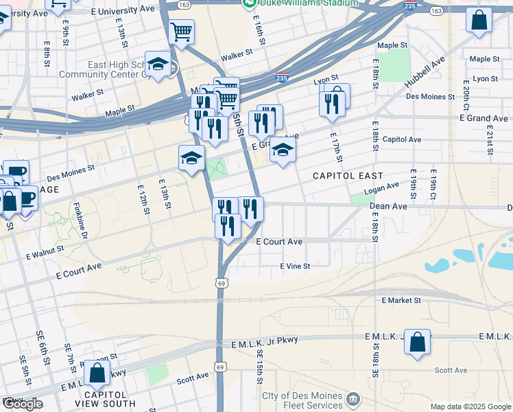 map of restaurants, bars, coffee shops, grocery stores, and more near 1507 East Walnut Street in Des Moines