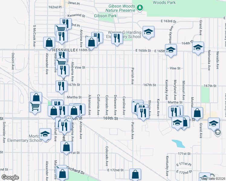 map of restaurants, bars, coffee shops, grocery stores, and more near 6650 Delaware Avenue in Hammond