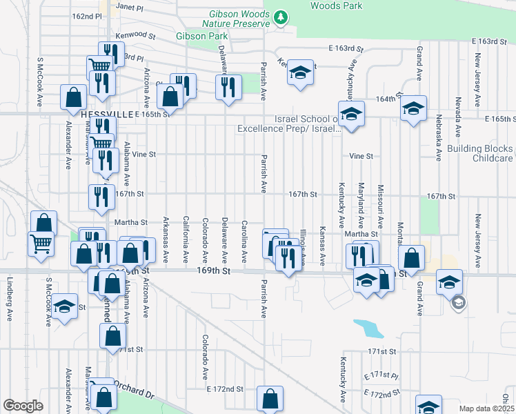 map of restaurants, bars, coffee shops, grocery stores, and more near 6720 Parrish Avenue in Hammond