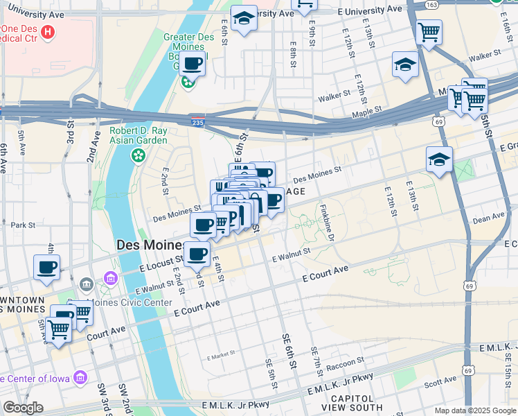 map of restaurants, bars, coffee shops, grocery stores, and more near 604 East Grand Avenue in Des Moines