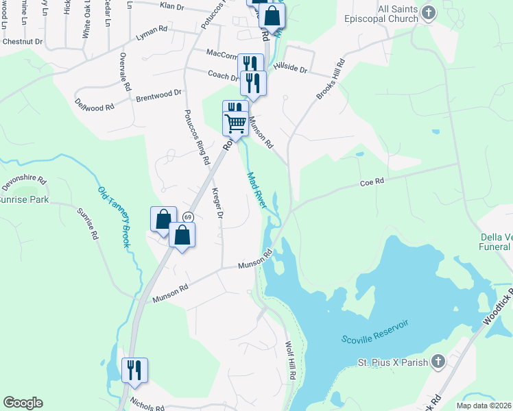 map of restaurants, bars, coffee shops, grocery stores, and more near 2-98 Kimberly Court in Wolcott