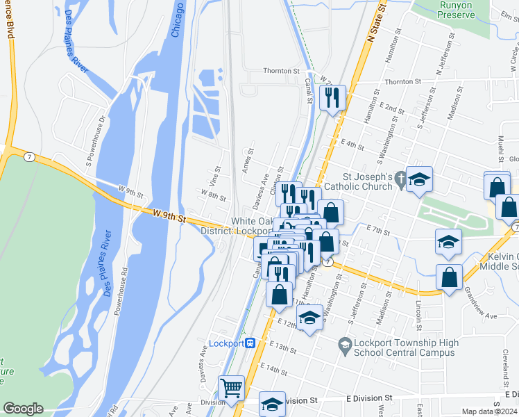 map of restaurants, bars, coffee shops, grocery stores, and more near 406 West 8th Street in Lockport