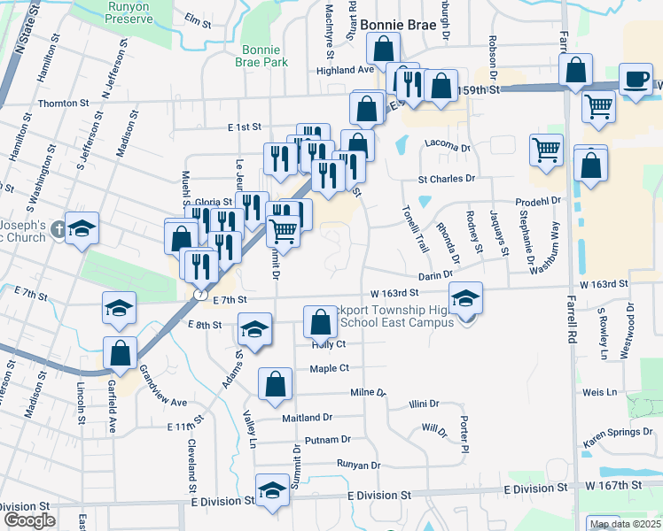 map of restaurants, bars, coffee shops, grocery stores, and more near 1041 Ashley Court North in Lockport