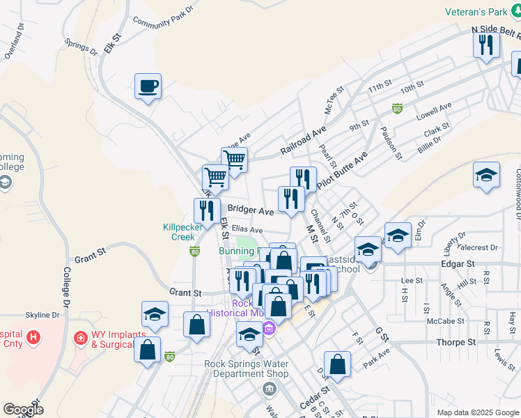 map of restaurants, bars, coffee shops, grocery stores, and more near 513 Bridger Avenue in Rock Springs