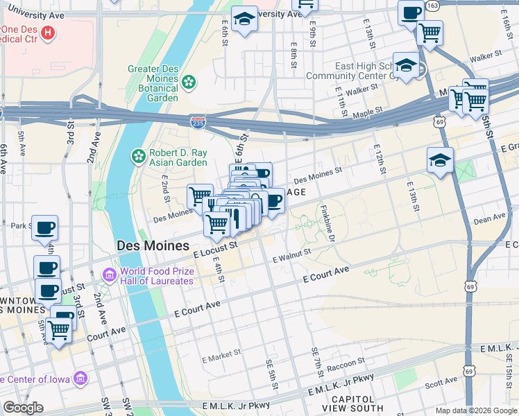map of restaurants, bars, coffee shops, grocery stores, and more near 604 East Grand Avenue in Des Moines