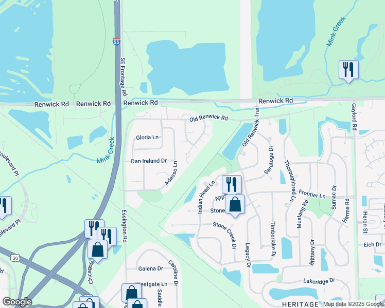 map of restaurants, bars, coffee shops, grocery stores, and more near 3814 Pathfinder Court in Joliet