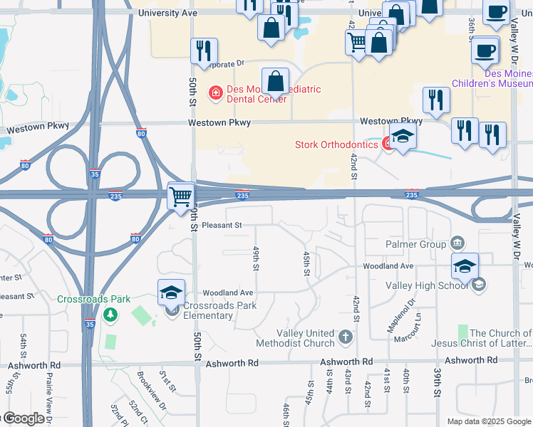 map of restaurants, bars, coffee shops, grocery stores, and more near 4815 Pleasant Street in West Des Moines