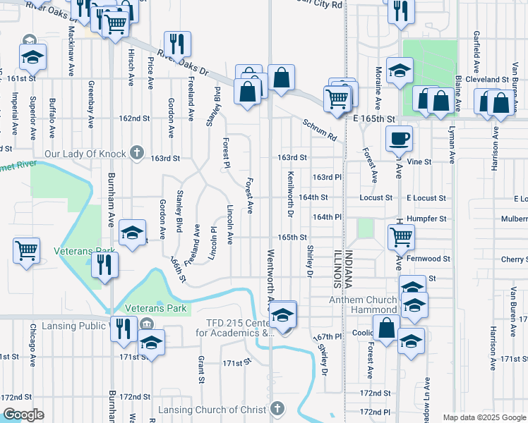 map of restaurants, bars, coffee shops, grocery stores, and more near 1445 Wentworth Avenue in Calumet City