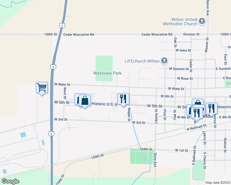 map of restaurants, bars, coffee shops, grocery stores, and more near 801 West 5th Street in Wilton