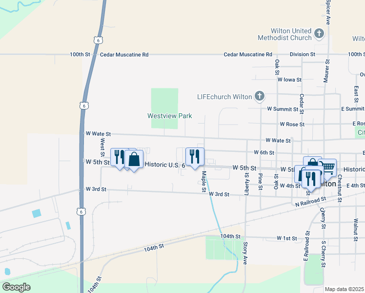 map of restaurants, bars, coffee shops, grocery stores, and more near 801 West 5th Street in Wilton