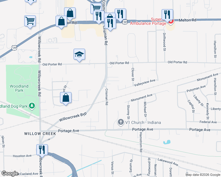 map of restaurants, bars, coffee shops, grocery stores, and more near Crisman Rd in Portage