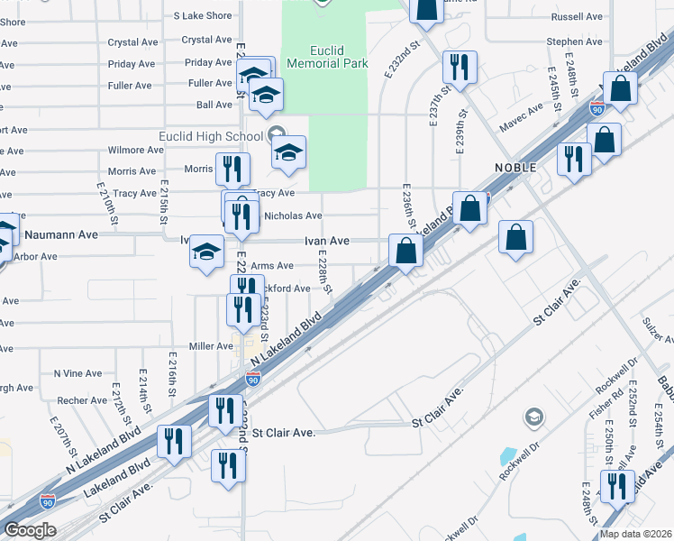 map of restaurants, bars, coffee shops, grocery stores, and more near 22900 Arms Avenue in Euclid